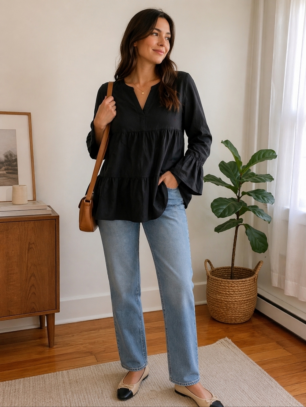 Pomander Place Black V-Neck Tiered Peplum Blouse